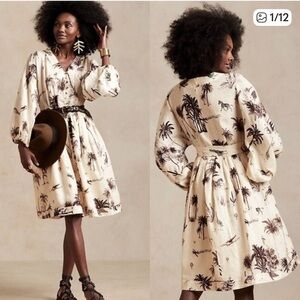 Banana Republic 100% Linen Safari Print Fit & Flare Belted Dress, Large